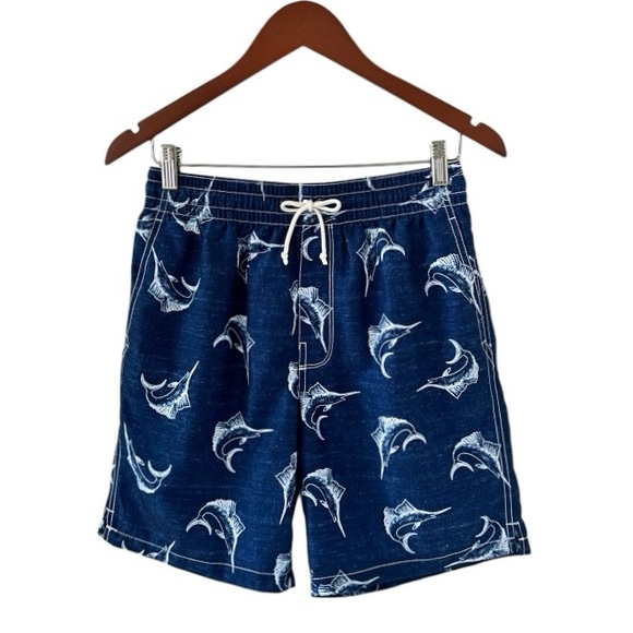 Old Navy Navy Blue and White Marlin Fish Print Swim Trunks Size Small - Picture 2 of 5